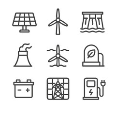 Renewable Energy Icons. Outline icon set of renewable energy infrastructure: solar panel array, wind turbine blade, hydroelectric