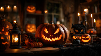 Spooky Halloween Pumpkin Lanterns with Carved Smiling Faces and Festive Decorations in Cozy Setting
