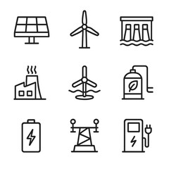 Renewable Energy Icons. Outline icon set of renewable energy infrastructure: solar panel array, wind turbine blade, hydroelectric