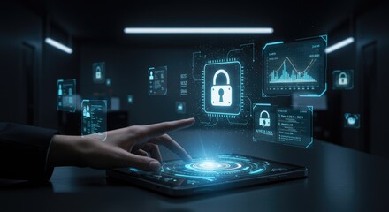 Fototapeta premium Interactive digital tablet security system illustration displays advanced information visualization