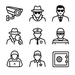 Hidden Camera Icons. Outline icon set of hidden camera security contexts: spy, private investigator, secret agent, security guard,
