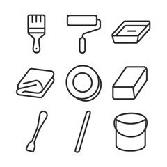 Repainting Tools Icons. Outline icon set of repainting tools and materials: paintbrush, paint roller, paint tray, drop cloth,