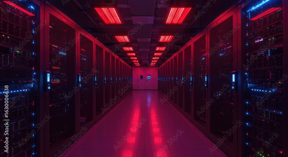 Poster interior view of a modern data center with rows of servers highlighting the technology infrastructur