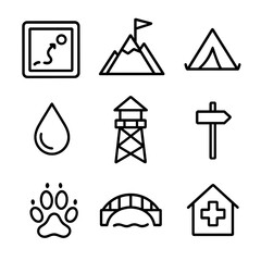 Hiking Map Icons. Outline icon set of hiking map icons: trailhead, mountain peak, campsite, water source, lookout tower, trail