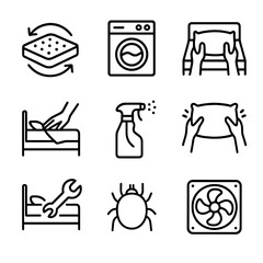 Fototapeta premium Bed Maintenance Icons. Outline icon set of bed maintenance: mattress rotation, linen washing machine, bed making hands, mattress