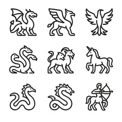 Fototapeta premium Epic Creature Icons. Outline icon set of epic creatures: dragon, griffin, phoenix, hydra, chimera, unicorn, basilisk, leviathan,