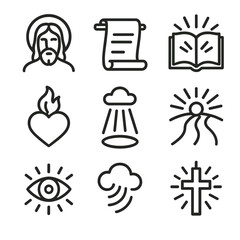 Holy Visions Icons. Outline icon set of holy visions: divine face, prophetic scroll, illuminated book, flaming heart, holy light,