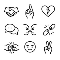 Tension Icon Set. Outline icon set of tension in relationships: handshake, crossed fingers, heart with crack, speech bubbles, eye