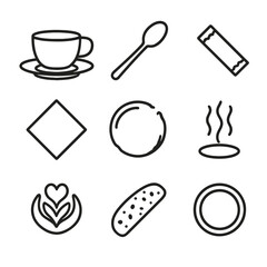 Coffee Icon Set. Outline icon set of coffee presentation: cup with saucer, coffee spoon, sugar packet, napkin,