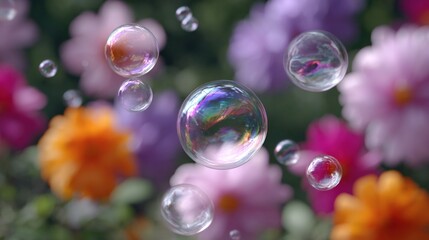 Soap bubbles floating over colorful flowers in a garden