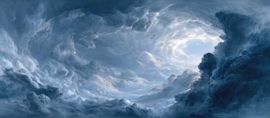 Dramatic sky filled with swirling, textured clouds, showcasing a glimpse of light