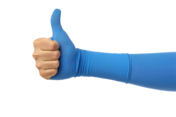 Blue casted hand giving thumbs up isolated on transparent background. Hand wearing a blue sleeve showing a thumbs up gesture isolated on white background.