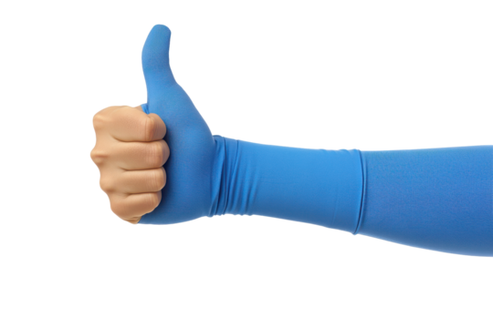 Blue casted hand giving thumbs up isolated on transparent background. Hand wearing a blue sleeve showing a thumbs up gesture isolated on white background.