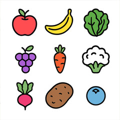 Colorful Produce Icons. Outline icon set of colorful produce: red apple, yellow banana, green lettuce, purple
