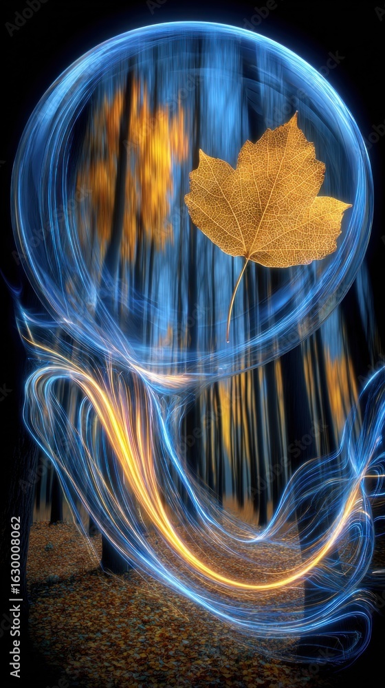 Poster golden leaf floating in a transparent bubble with light trails in enchanted forest
