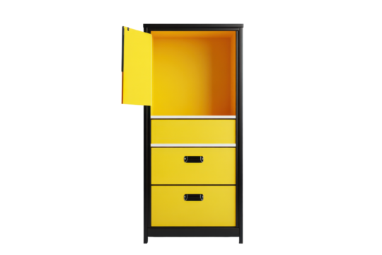 Bright yellow wooden dresser with multiple drawers isolated on transparent background. Filing cabinet with open yellow folder isolated on a white background, 3D Rendering.