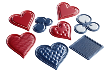 Collection of poker card suit shapes and hearts isolated on transparent background. Floating 3D card suits including hearts diamonds clubs and spades on an isolated white background.