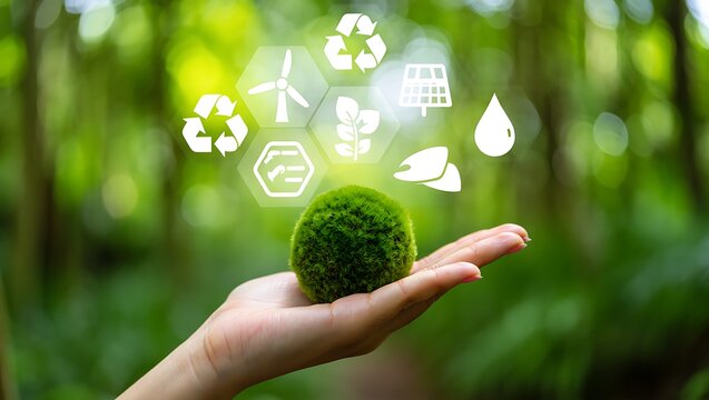 Hand holding a moss ball with sustainable energy icons in the background conveying environmental responsibility and green technology solutions