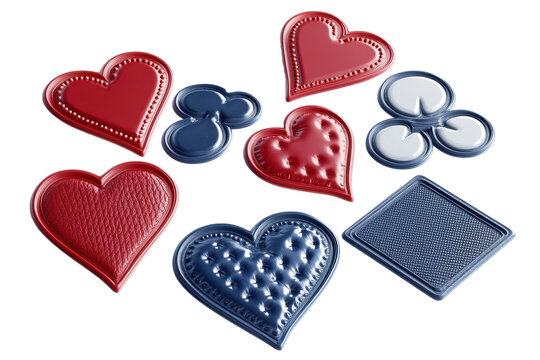 Collection of poker card suit shapes and hearts isolated on transparent background. Floating 3D card suits including hearts diamonds clubs and spades on an isolated white background.