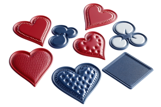 Collection of poker card suit shapes and hearts isolated on transparent background. Floating 3D card suits including hearts diamonds clubs and spades on an isolated white background.