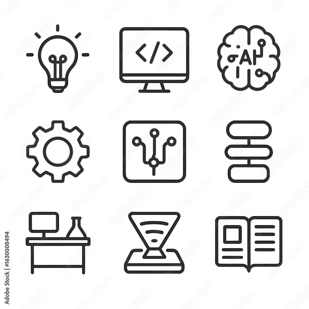 Aufkleber innovation lab icon set. outline icon set of innovation lab: lightbulb idea, coding screen, ai brain