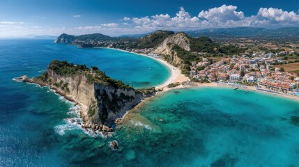 Obraz premium Aerial view showcasing a coastal town with turquoise waters, sandy beaches, and cliffs