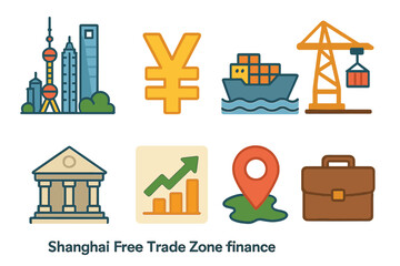 Naklejka premium Shanghai Trade Icons. Flat vector mini-illustrations Shanghai Free Trade Zone finance in colors children's illustrations: Shanghai