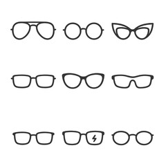 Eyewear Icon Collection. Outline icon set of eyewear styles: aviators, round glasses, cat-eye frames, rectangular specs, oversized