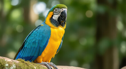 Obraz premium a vibrant blue and yellow macaw parrot perched on a mossy branch in a lush green rainforest, showcasing its colorful plumage