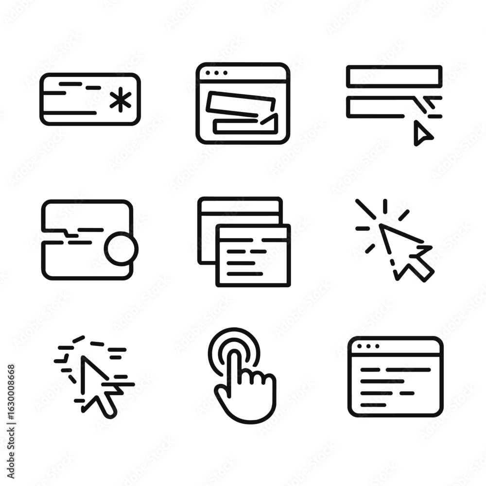 Poster interface glitches icons. outline icon set of interface glitches: frozen button, misaligned layout, 