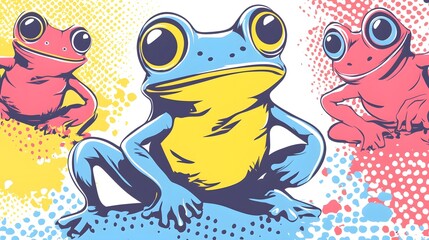 Fototapeta premium Digital illustration of three stylized frogs with bold colors set against a speckled background.