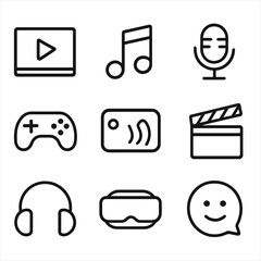 Internet Entertainment Icons. Outline icon set of internet entertainment: video player, music note, podcast microphone, gamepad,