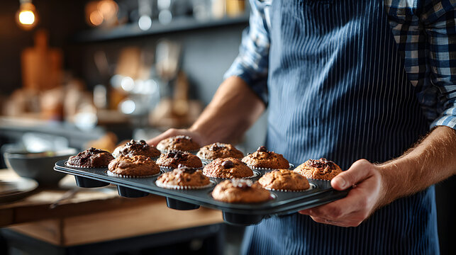 Happy man helping in kitchen while taking tray of yummy self-baked treats for family and friends to enjoy