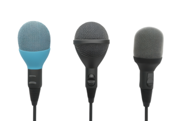 Collection of five colorful microphones isolated on transparent background. Microphones with different foam covers isolated style placed on a clean white background, 3D Rendering.