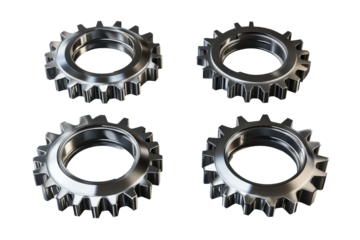 Four silver gear cogs isolated on transparent background. Shiny metal gears shown in different angles on a white background, 3D Rendering.