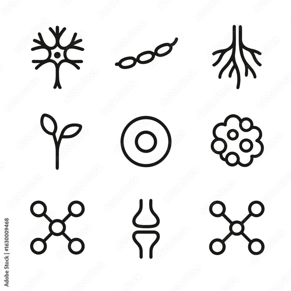 Poster biological nodes icons. outline icon set of biological nodes: nerve node, lymph node, ganglion node,