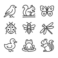Fototapeta premium Spring Wildlife Icons. Outline icon set of springtime wildlife and insects: robin bird, squirrel on branch, butterfly, ladybug,