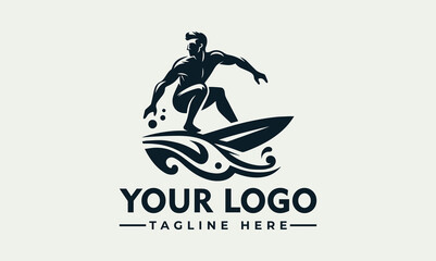 Fototapeta premium Silhouette logo of a surfer riding a wave, with stylized ocean waves and text space.