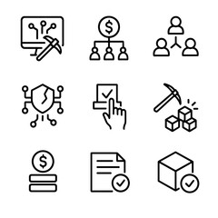 Blockchain Consensus Icons. Outline icon set of consensus mechanisms: proof of work, proof of stake, delegated proof, Byzantine