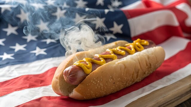 Patriotic feast. Close up of hot dog with mustard on American flag background