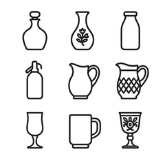 Vintage Glassware Icons. Outline icon set of vintage dining glassware: retro decanter, etched carafe, milk bottle, soda siphon,