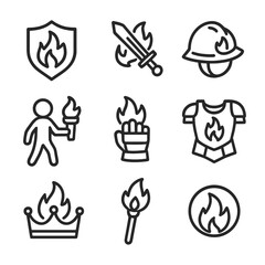Fire Protection Icons. Outline icon set of fire protection and power: flaming shield, burning sword, fire helmet, torch bearer,
