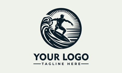 Silhouette of a surfer riding a wave, framed in a circle with sun rays, creating a dynamic and stylized logo design.