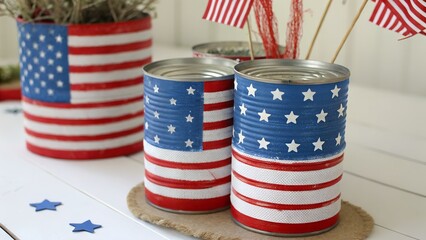Obraz premium Patriotic Decorated Tin Cans with American Flag Fabric for Fourth of July
