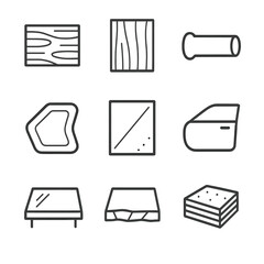 Surface Icon Set. Outline icon set of surfaces and materials to sand: wooden plank, painted wall panel, metal pipe, plastic mold,