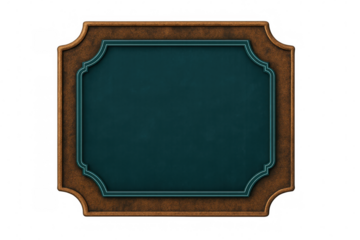 Vintage wooden frame enclosing blank teal signage, transparent backdrop allowing customizable text or graphic placement