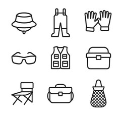Fishing Accessories Icons. Outline icon set of fishing accessories: fishing hat, waders, gloves, sunglasses, fishing vest, cooler,