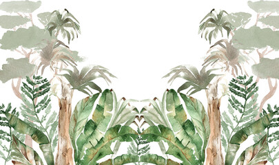 jungle watercolor wallpaper with tropical leaves illustration palms bananas for kids