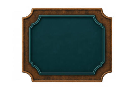 Vintage wooden frame enclosing blank teal signage, transparent backdrop allowing customizable text or graphic placement