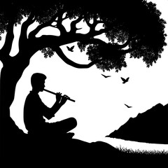 Man Playing Flute Under Tree